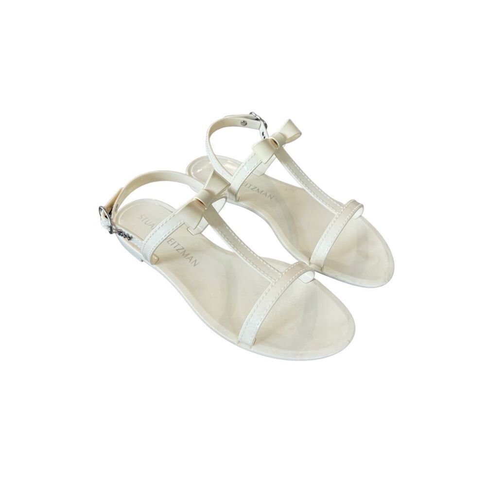Stuart Weitzman Womens White Jelly Open Toe Mellie Bow Flat Sandals Size 8